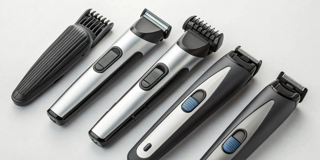 A lineup of top professional cordless beard trimmers with various blade guards.