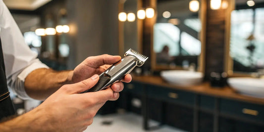 Wahl 9855 replacement blades held by a barber next to the trimmer.