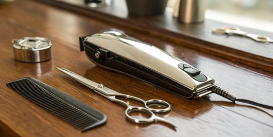 Wahl 9685 clippers with scissors and comb on a barber’s workstation.
