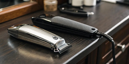 Wahl Detailer vs Andis T-Outliner trimmers placed side by side on a barber station.