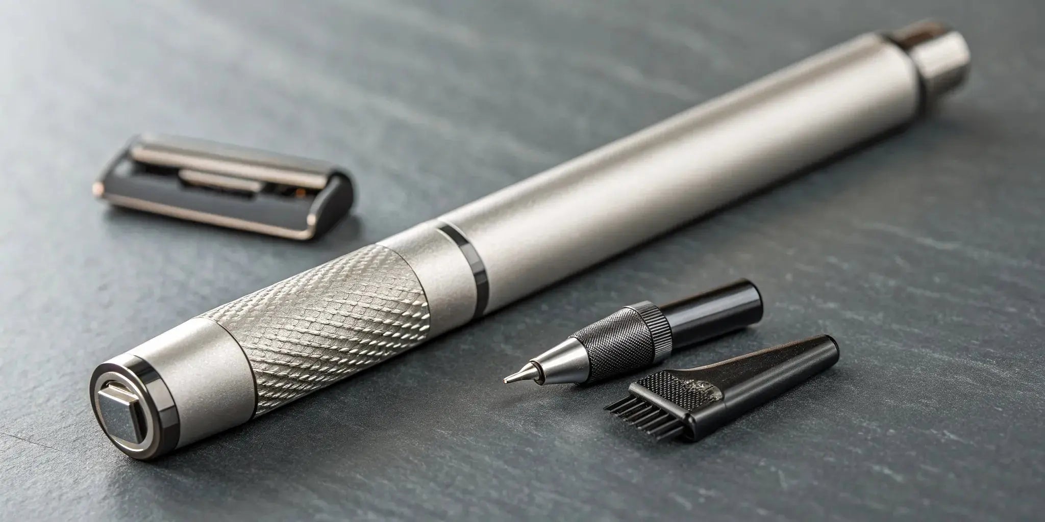 A compact Wahl micro trimmer displayed with its versatile grooming attachments.