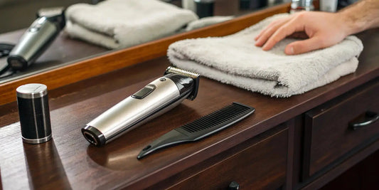 Wahl Moser Arco cordless clipper on a professional barber's station.