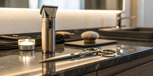 The Wahl Super Cordless clipper on a barber's workstation for a product review.