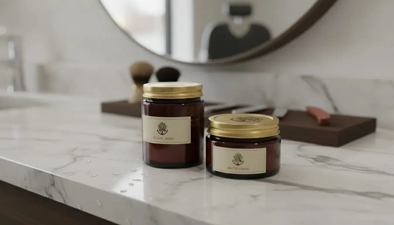 Two premium pomade jars on a sleek countertop in a modern barbershop