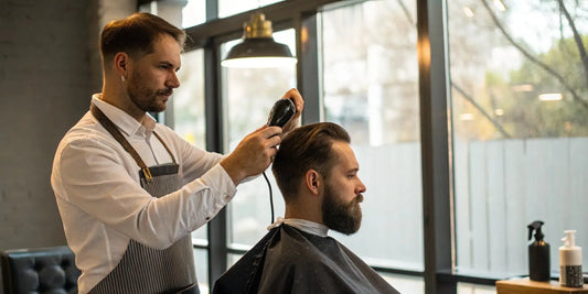 Barber styling a client's hair with clippers before applying hair fibers.