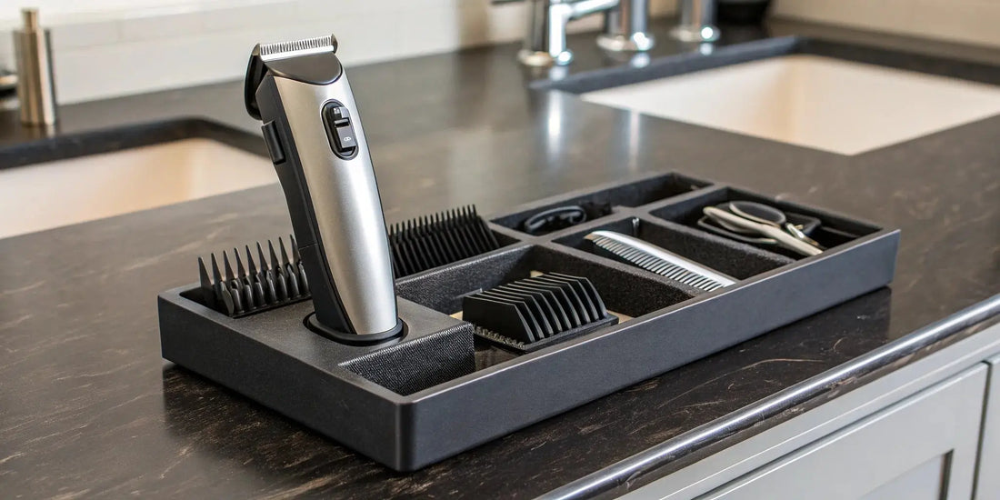 A modular clipper disassembled to show its customizable components, blades, and guards for barbers.