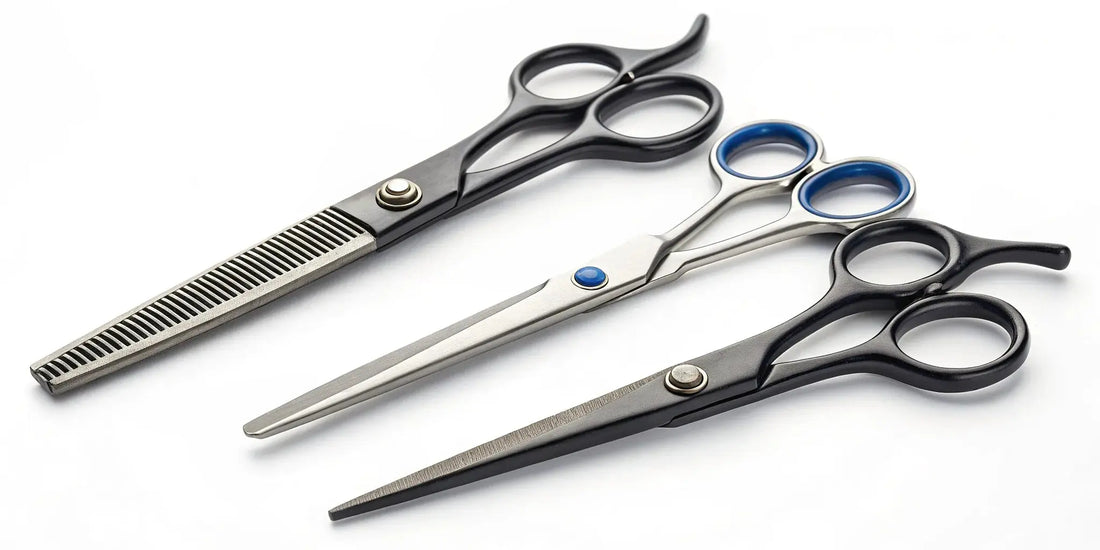 A selection of the best Japanese steel shears for barbers with ergonomic handles.