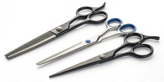 A selection of the best Japanese steel shears for barbers with ergonomic handles.