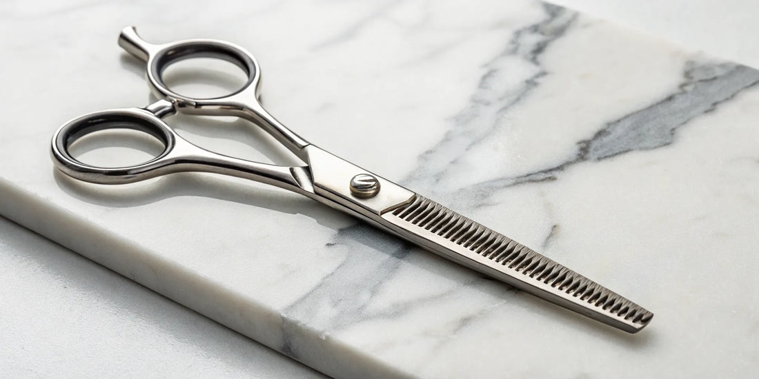 Professional thinning shears used for blending layers and texturizing hair.