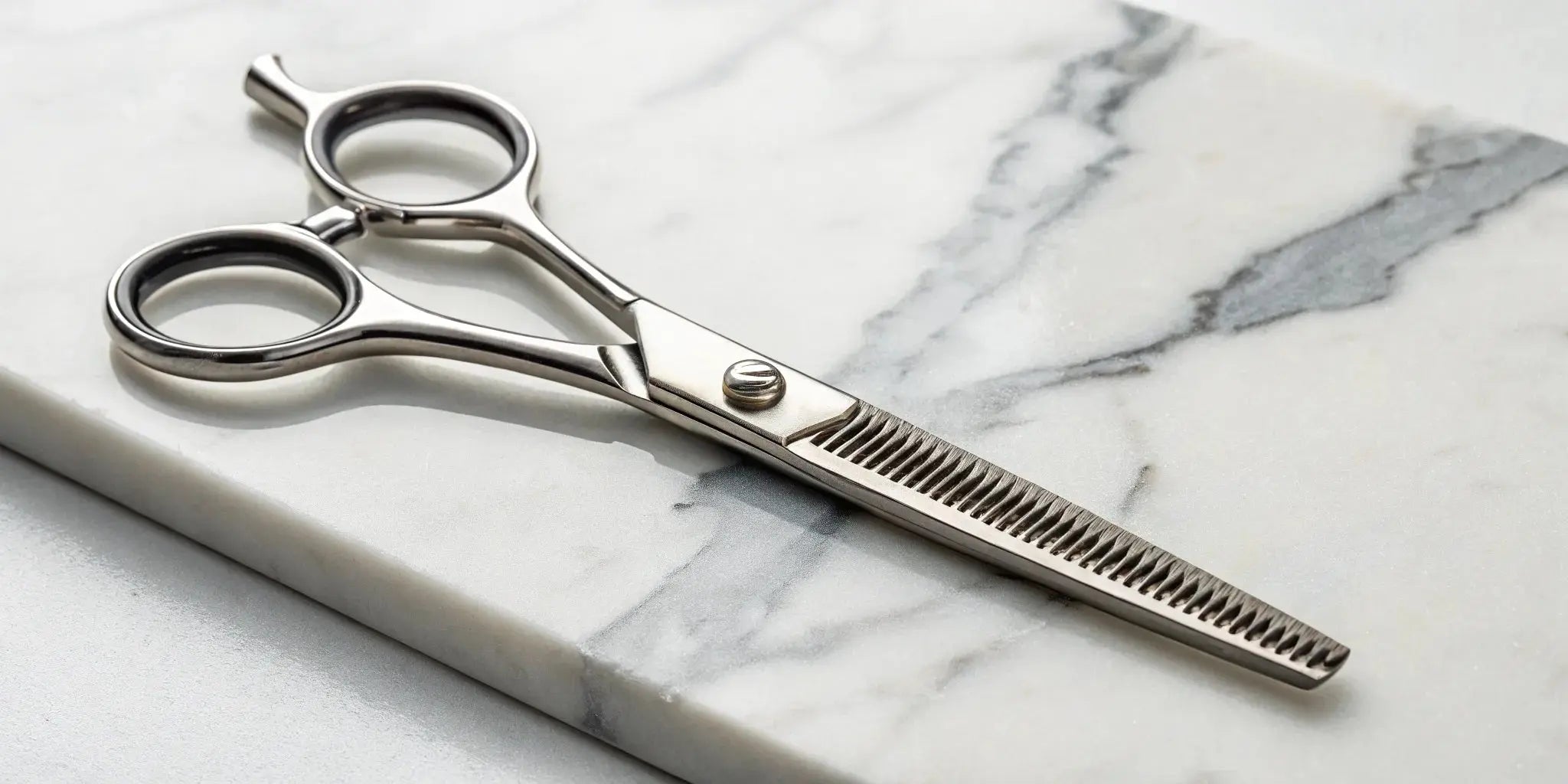 Professional thinning shears used for blending layers and texturizing hair.