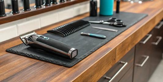A pair of vector motor clippers on a professional barber station.