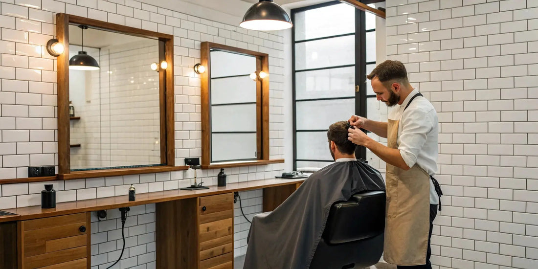 Professional barber giving a client a precision haircut in a modern barbershop.