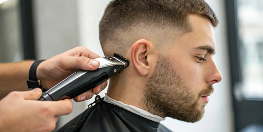 A barber uses a clipper with a fade blade to create a precise skin fade.
