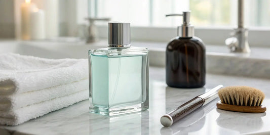 A bottle of after shave cologne for soothing skin after a shave.