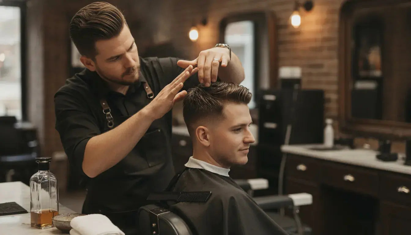 Professional barber applying hair tonic to damp hair at a barbershop station