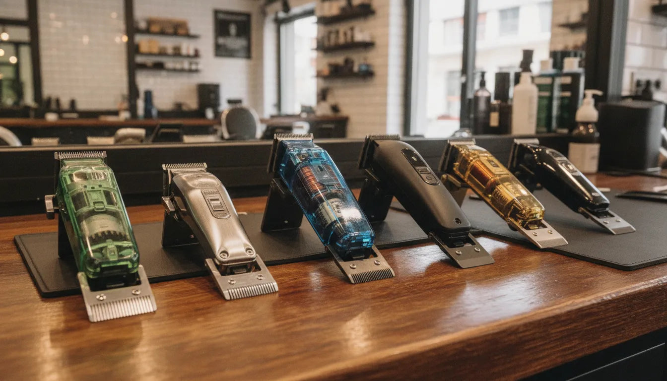 Professional barber clippers displayed on a barbershop counter showing different motor and blade designs