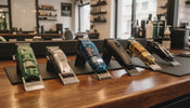 Professional barber clippers displayed on a barbershop counter showing different motor and blade designs