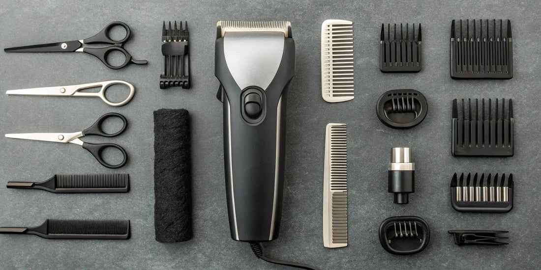A beginner barber kit with essential tools like clippers, scissors, combs, and guards.