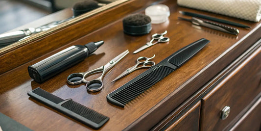 A complete professional barber tool kit with clippers, scissors, and combs laid out.