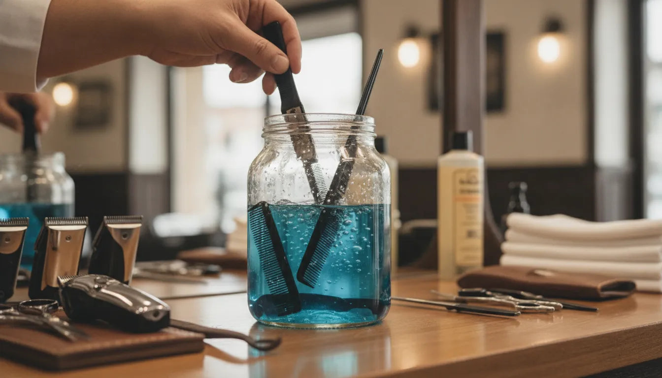 Barber disinfectant jar with tools submerged in blue solution on a barbershop counter