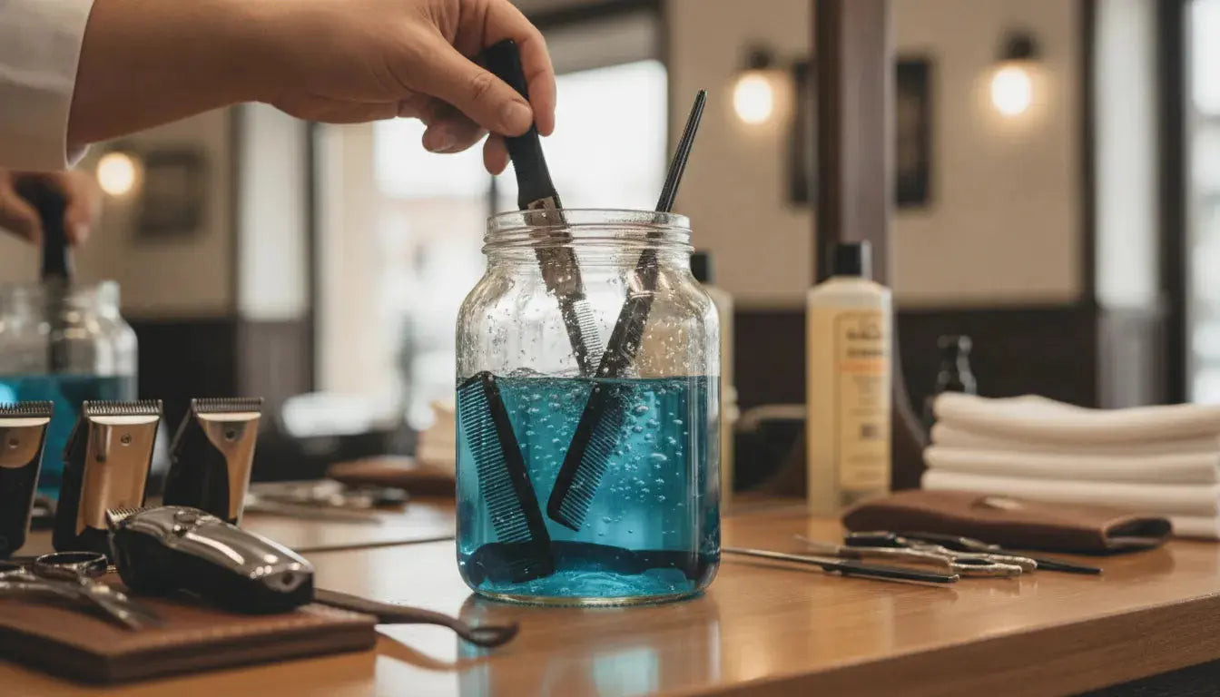 Barber disinfectant jar with tools submerged in blue solution on a barbershop counter