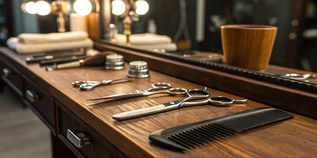 Wholesale barber shop supplies like shears, combs, and other tools on a wooden counter.