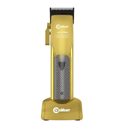 “Complete range of Caliber grooming tools—.50 Cal clipper, Laser trimmer, Solo shaver, and DLC replacement blades—displayed on a barber workstation.”