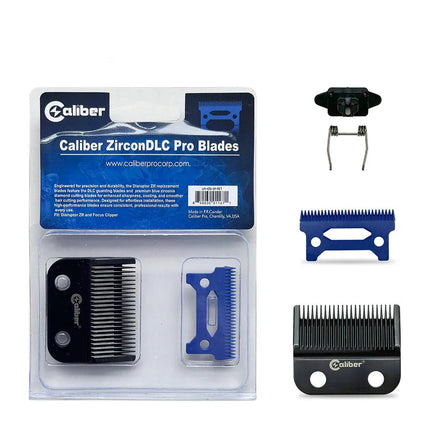“Assorted Caliber DLC clipper blades and nickel foil cartridges arranged on a barber work mat ready for installation.”