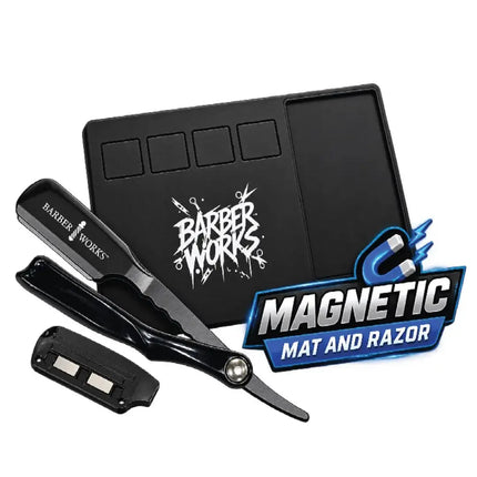Main image alt text: Barber Works magnetic barber mat and black magnetic razor holder
