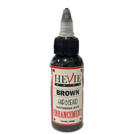 Bottle of Hevie Brown hair and beard defining dye on a white background