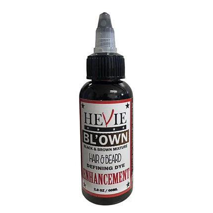 Bottle of Hevie Bl'own hair and beard dye on a white background