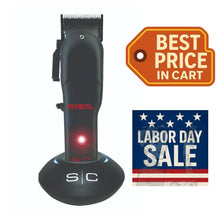 Hair clipper with 'Rebel' branding on a white background, featuring a 'Best Price in Cart' tag and Labor Day sale sign.