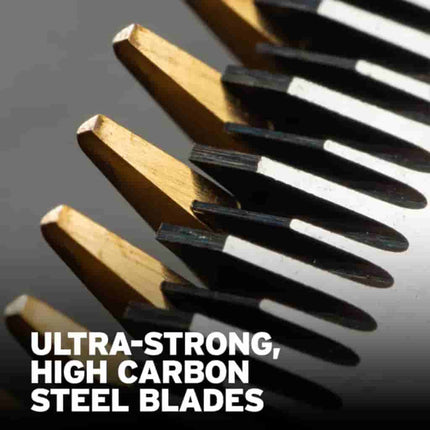 “Close-up of staggered tooth pattern on Wahl gold replacement blade.”

