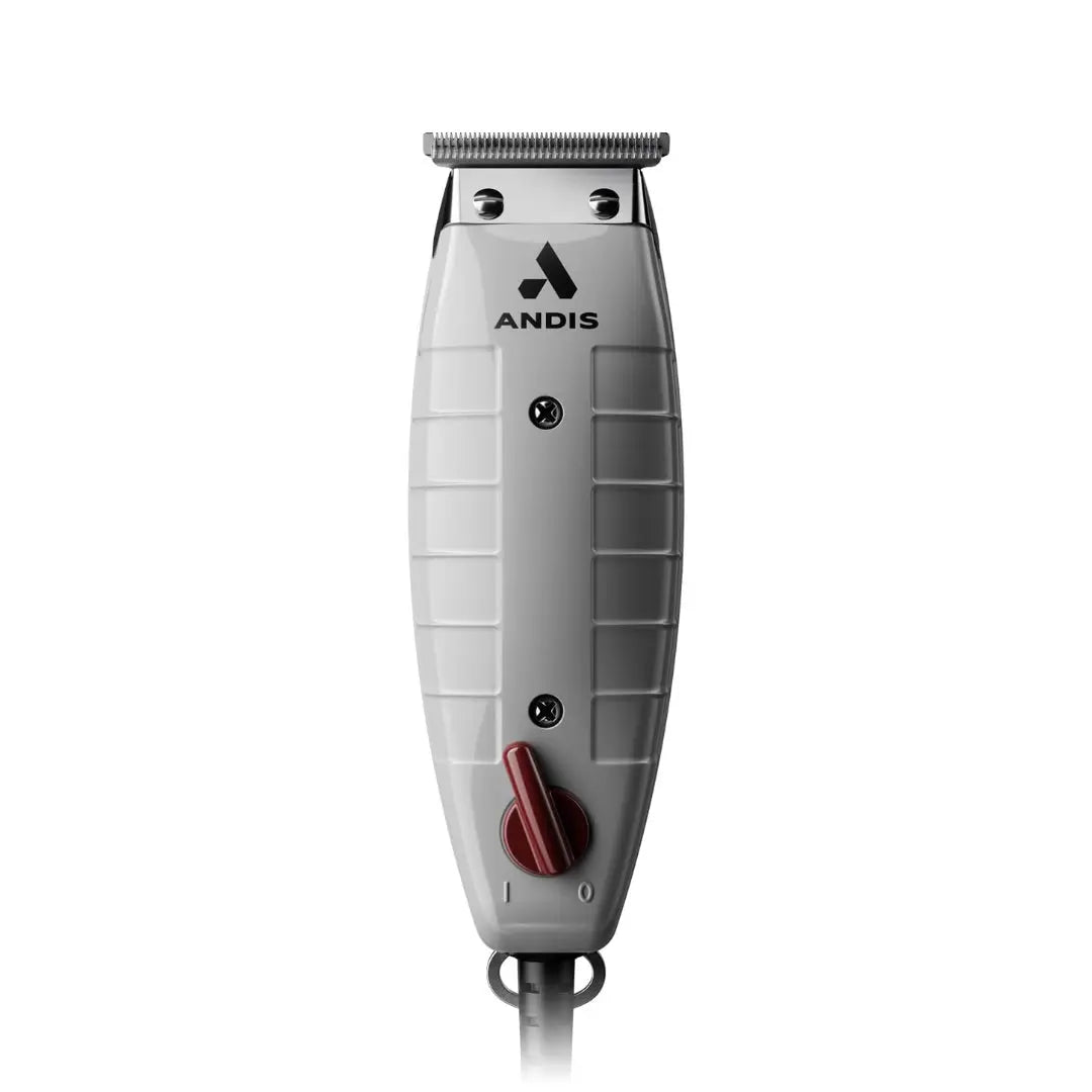 Andis Professional T-Outliner Beard & Hair Trimmer in gray color with a visible red switch, designed for precision grooming.