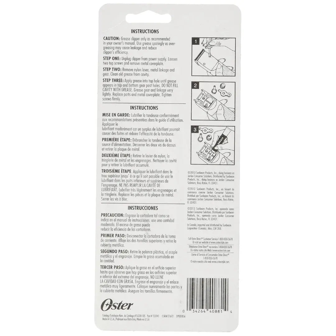 "Premium clipper lubricant in a 1.25 oz bottle by Oster, made in the USA"
