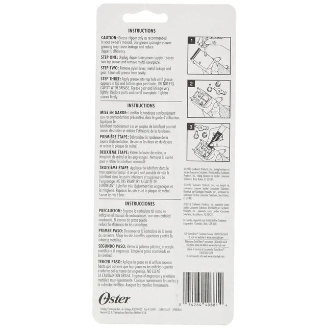 "Premium clipper lubricant in a 1.25 oz bottle by Oster, made in the USA"
