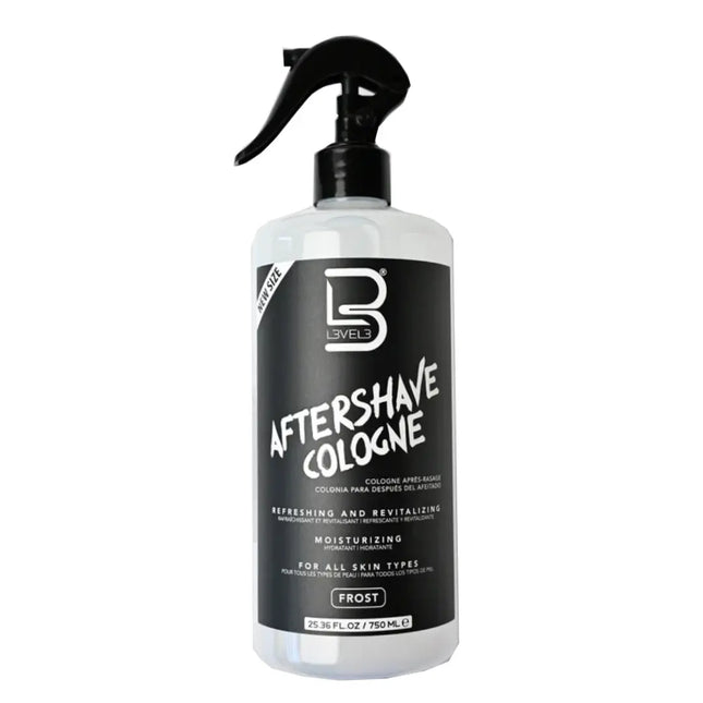 Bottle of aftershave cologne with a black label on a white background