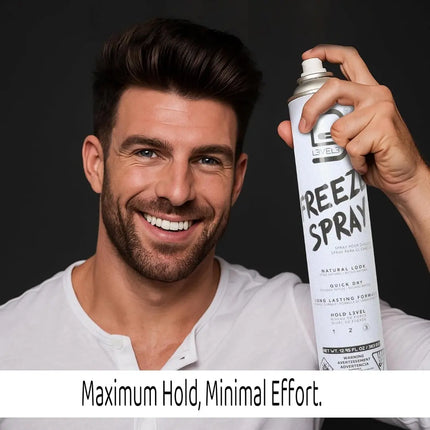Man holding a Level 3 can of 'Freeze Spray' with text 'Maximum Hold, Minimal Effort.'