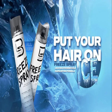 Two bottles of freeze spray with ice-themed background and text Level 3  'Put your hair on ice'.