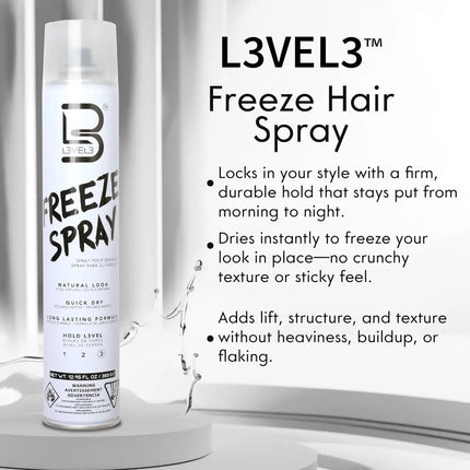 L3VEL3 Freeze Hair Spray can with product details on a white background