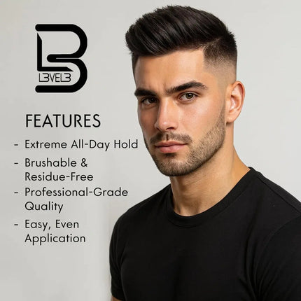 Man with styled hair featuring Level 3 hair product features on a gray background