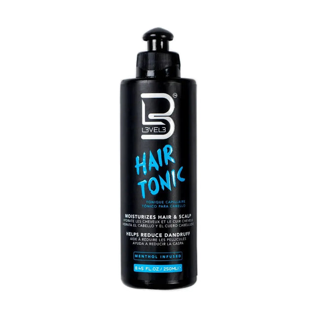 Black bottle of Level 3 Hair Tonic on a white background