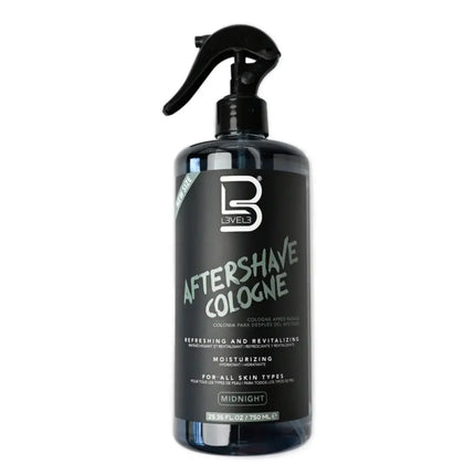 L3VEL3 After Shave Cologne Midnight 750ml Black bottle of aftershave cologne with a spray nozzle on a white background