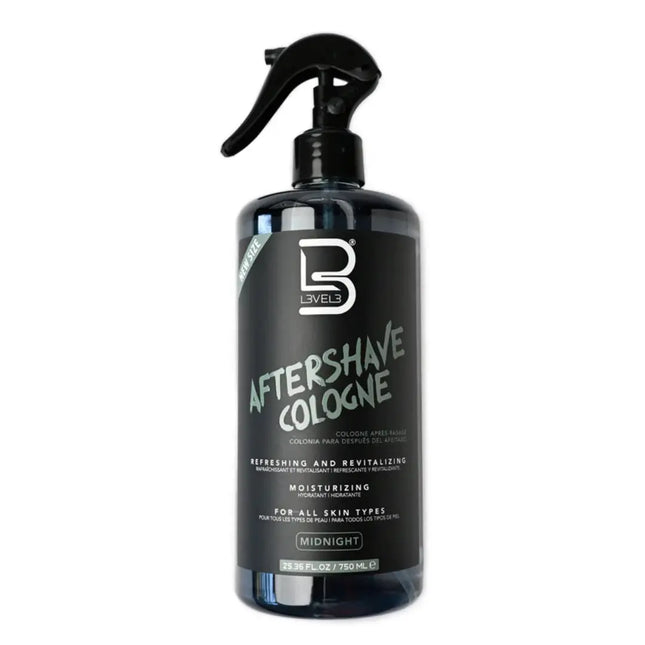 L3VEL3 After Shave Cologne Midnight 750ml Black bottle of aftershave cologne with a spray nozzle on a white background