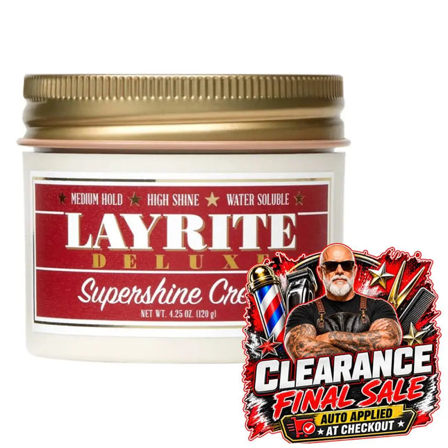 A jar of LAYRITE DELUXE Supershine Cream hair product with a gold lid and red label, shown on a white background with a large 'Clearance Final Sale' promotional sticker in the lower right corner.