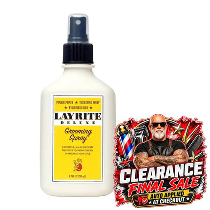 A bottle of Layrite Deluxe Grooming Spray next to a promotional 'Clearance Final Sale' sticker on a plain white background.