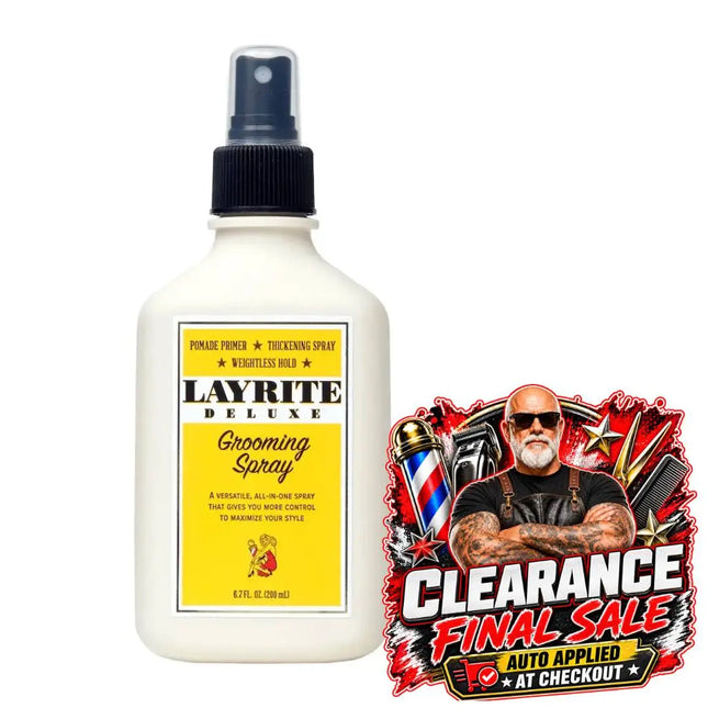 A bottle of Layrite Deluxe Grooming Spray next to a promotional 'Clearance Final Sale' sticker on a plain white background.