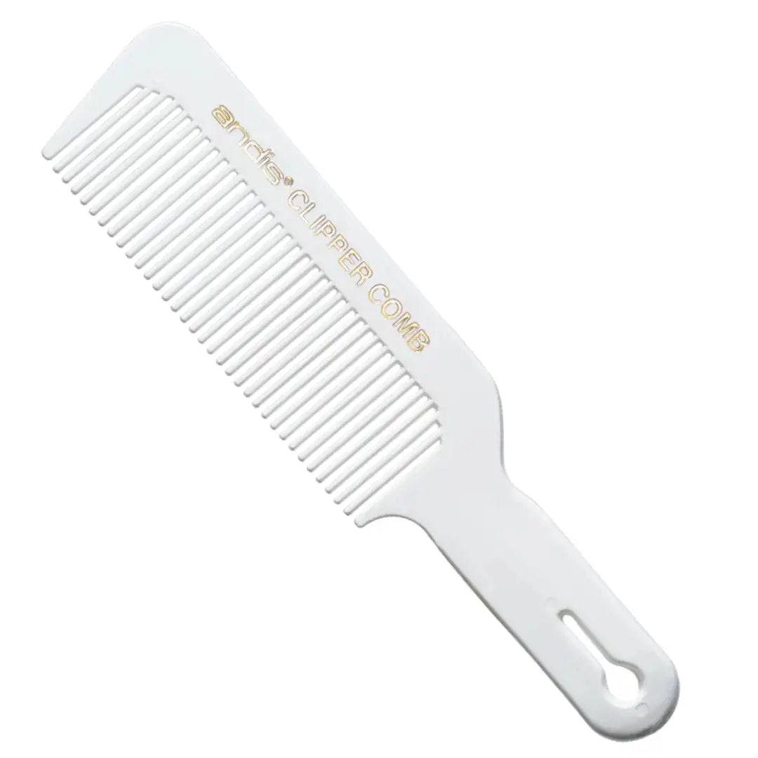 White Andis Taper comb with gold text on a white background