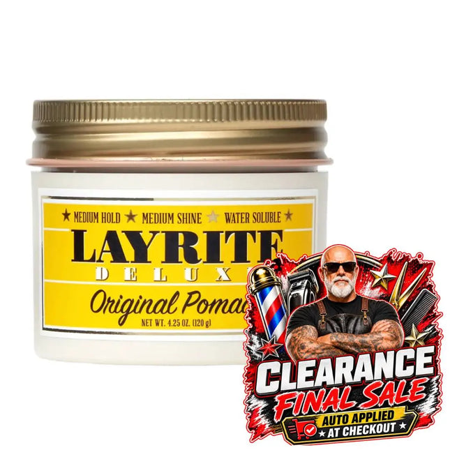 A jar of Layrite Deluxe Original Pomade on a white background, featuring a gold metal lid and a yellow label. A promotional 'Clearance Final Sale' graphic is overlaid in the bottom right corner.