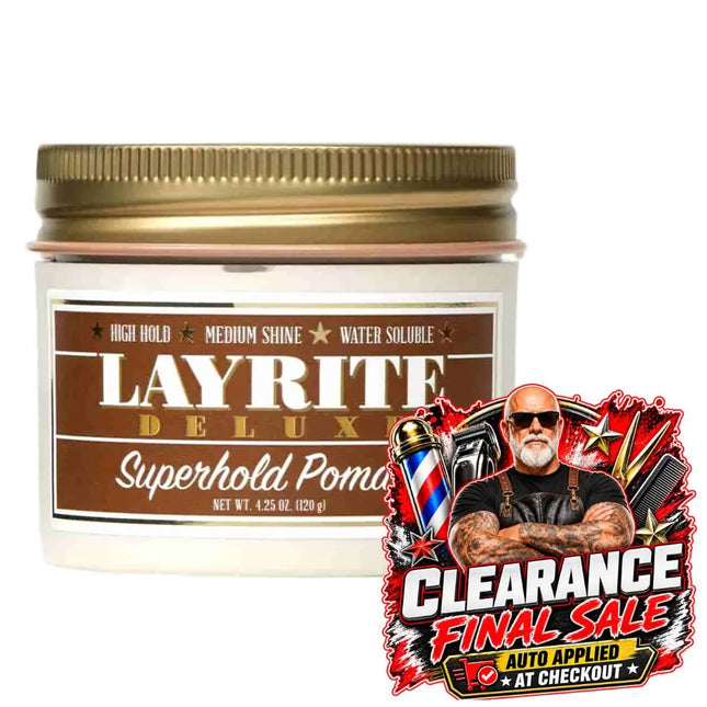 A jar of LAYRITE DELUX Superhold Pomade on a white background, featuring a gold metal lid and a brown and white label. A large promotional 'Clearance Final Sale' graphic is overlaid in the bottom right corner.